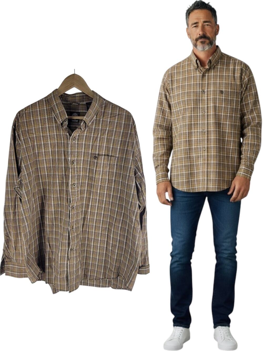 Timberland Long Sleeve Button Up Shirt Check Brown Size XL